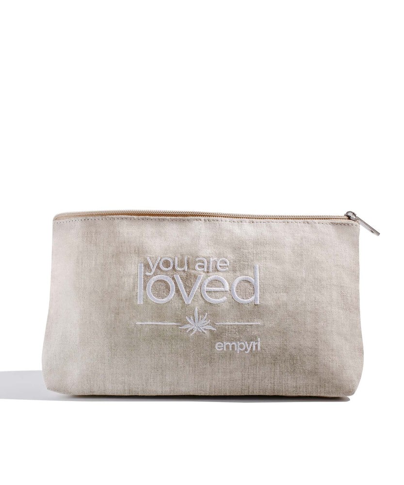 hemp cosmetic bag <p style="color:#f8cfa9; font-style:italic;"><b>you are loved essentials tote</b></p>