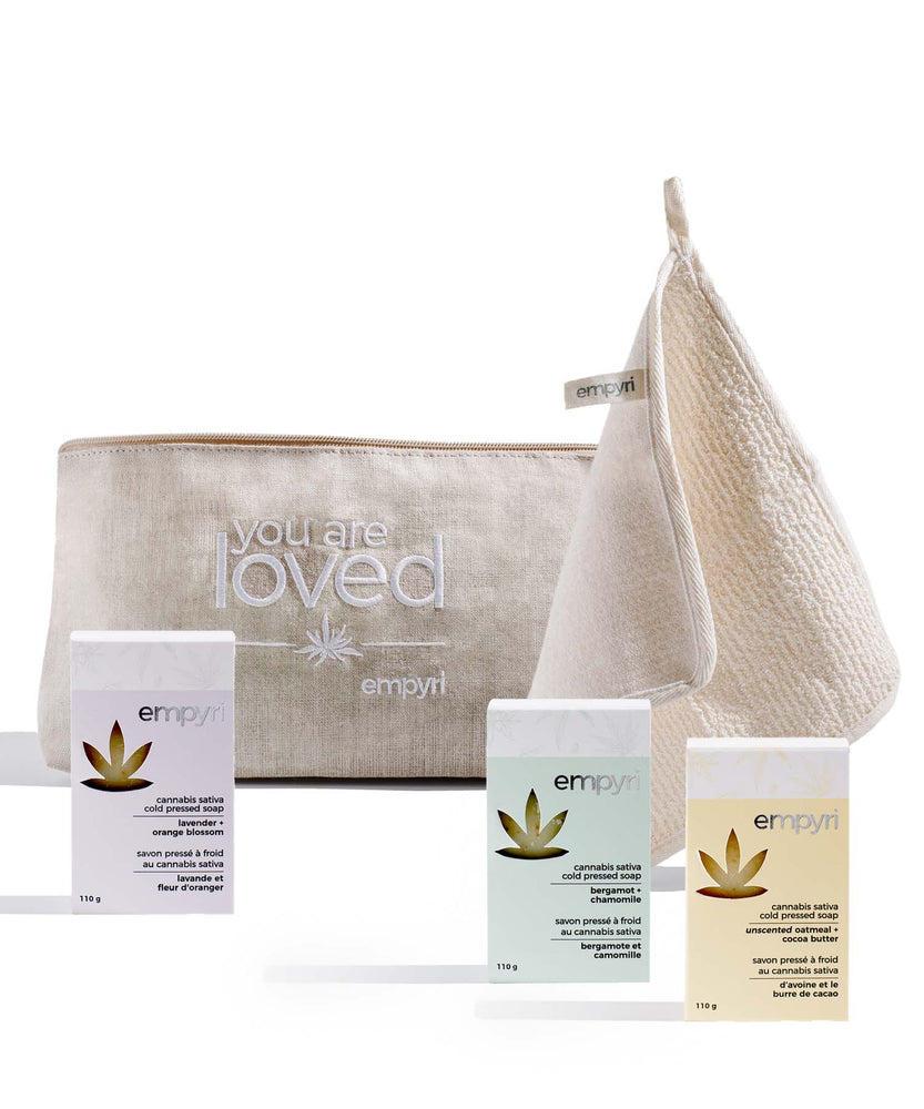 hemp skin care gift set<p style="color:#f8cfa9; font-style:italic;"><b>with hemp washcloth, cosmetic bag and cold pressed soap</b></p>