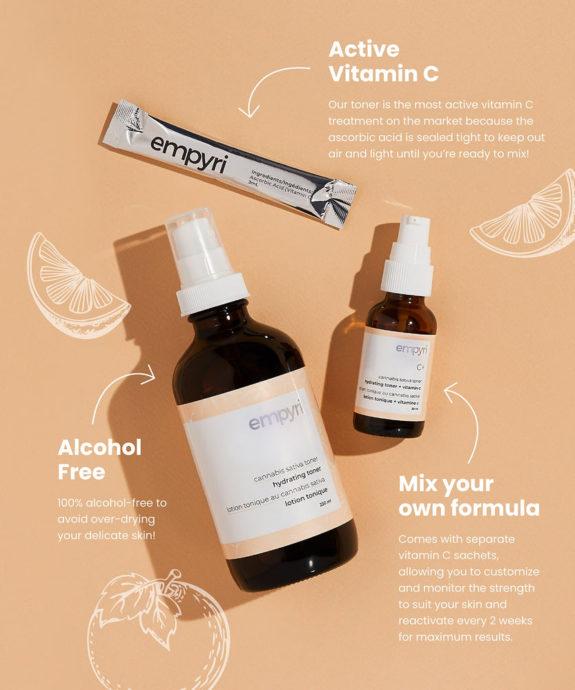 hydrating hemp toner + vitamin C <p style="color:#f8cfa9; font-style:italic;"><b>for acne-prone skin</b></p>